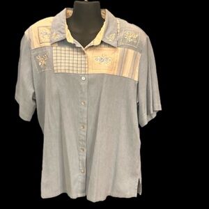 18W Korey City Blues blue white embroidered short sleeve button up shirt